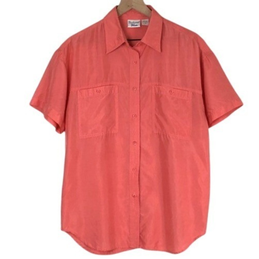 VTG Backroad Blues 100% Silk Short Sleeve Shirt Women's Sz M Coral Pink Button